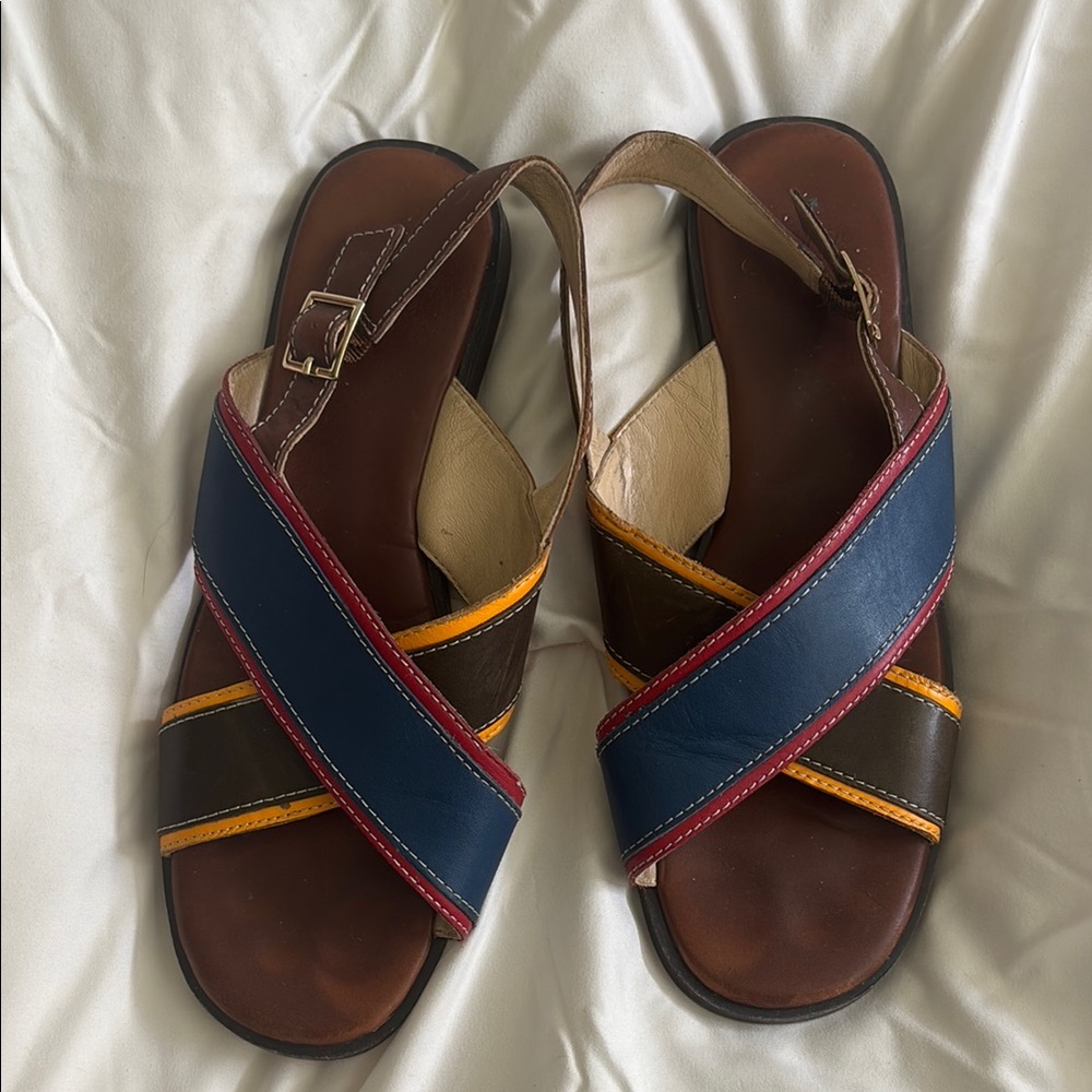 Blue and Brown Cross-Strap Sandals with Adjustable Ankle Strap